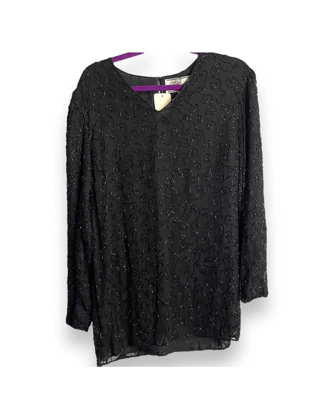 Felicity  Beaded Blouse Women's M Black Silk Formal Casual Deadstock Modest Glam
